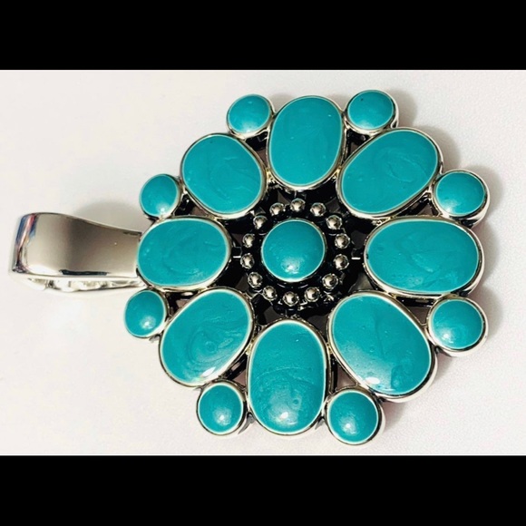 Premier Designs Reversable Enamel Pendant Teal Blue Red Flower - Picture 5 of 11